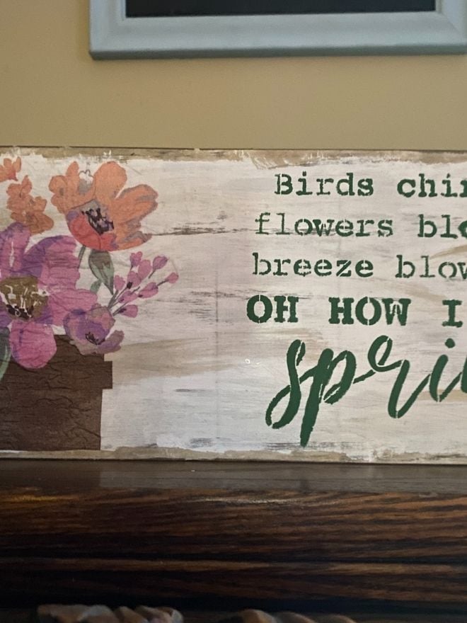 DIY Aged Spring Sign with Decoupage Napkin