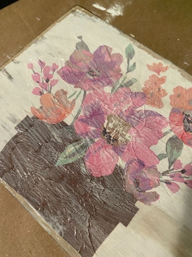 DIY Aged Spring Sign with Decoupage Napkin